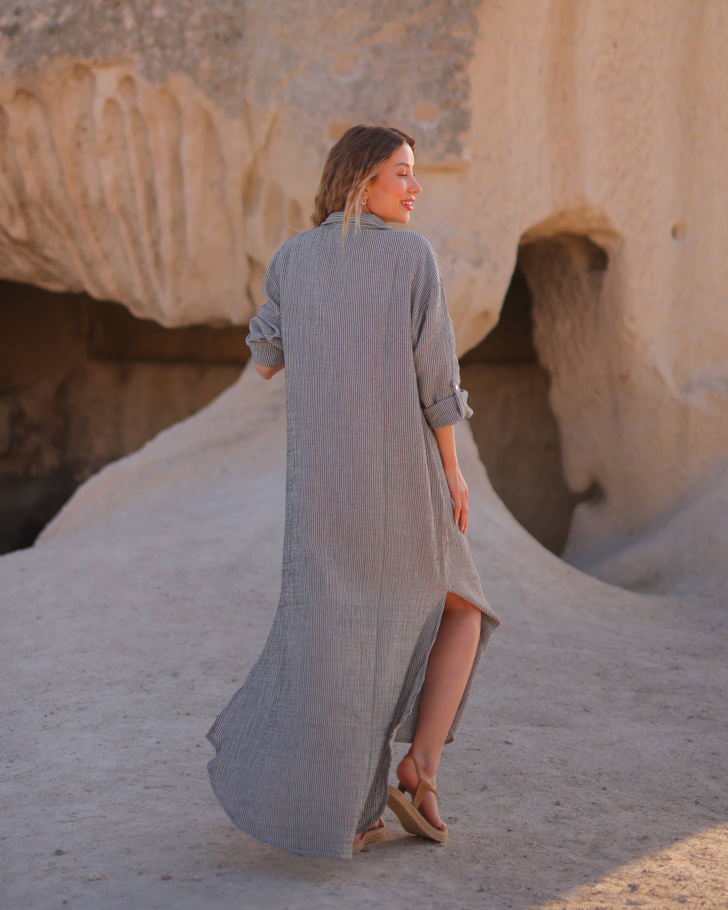 Grey Striped Double Gauze Muslin Cotton Shirt Dress