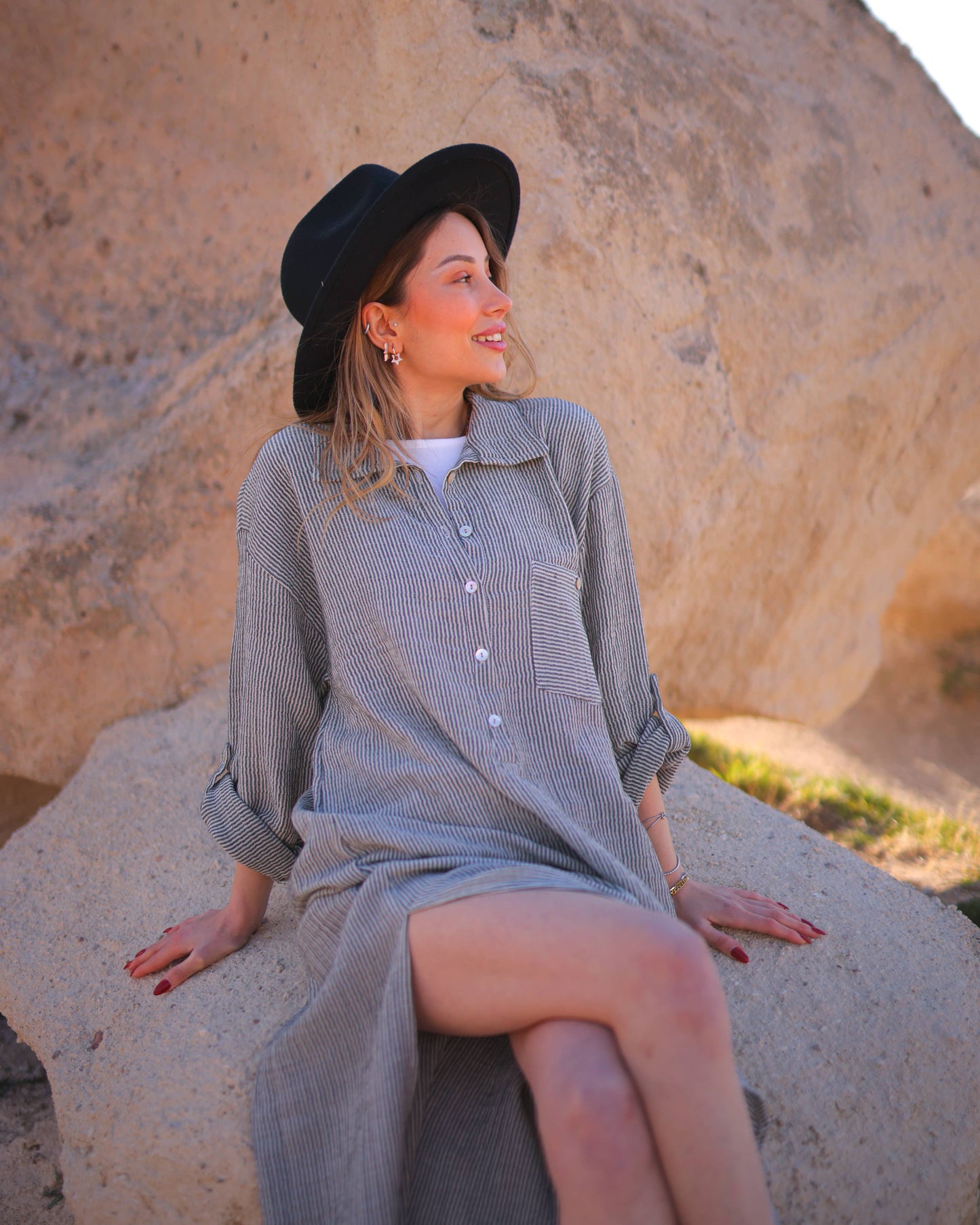 Grey Striped Double Gauze Muslin Cotton Shirt Dress