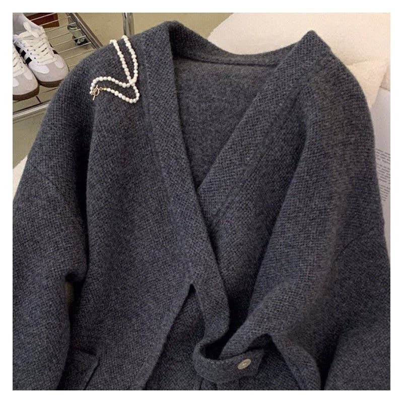 Solid Color Loose Knit Cardigan With Double Zipper