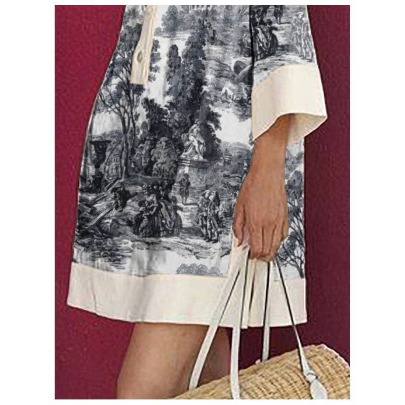Long Sleeves Loose Printed Lapel Mini Dresses