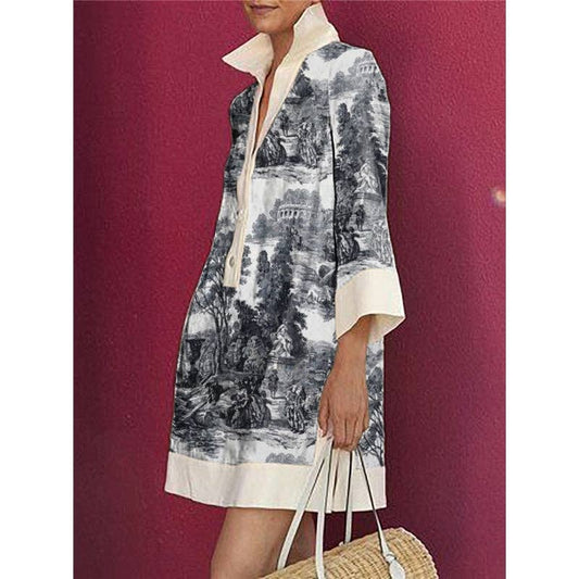 Long Sleeves Loose Printed Lapel Mini Dresses