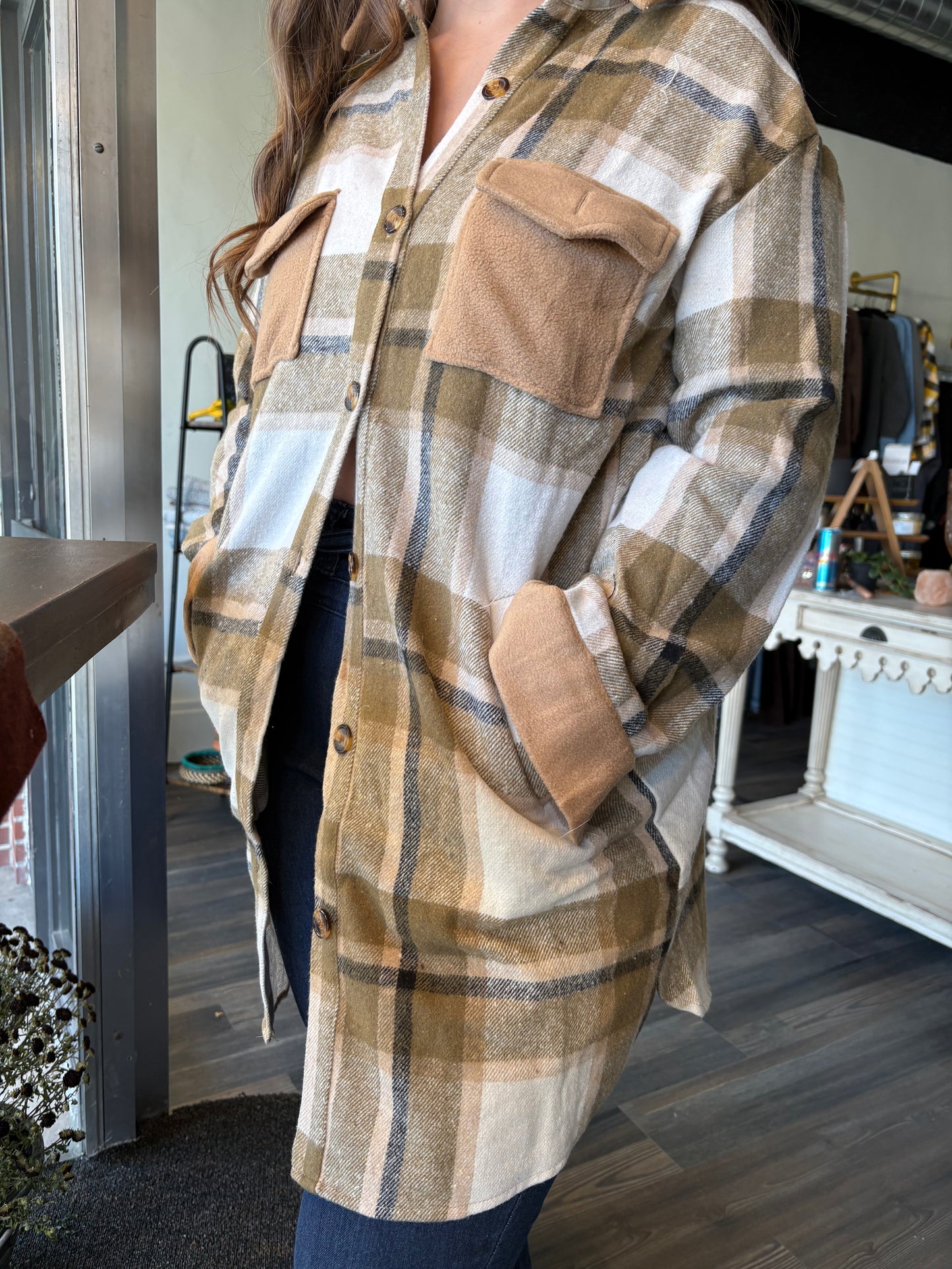 Plaid Shirt Jacket for Women - Long Button Front Coat