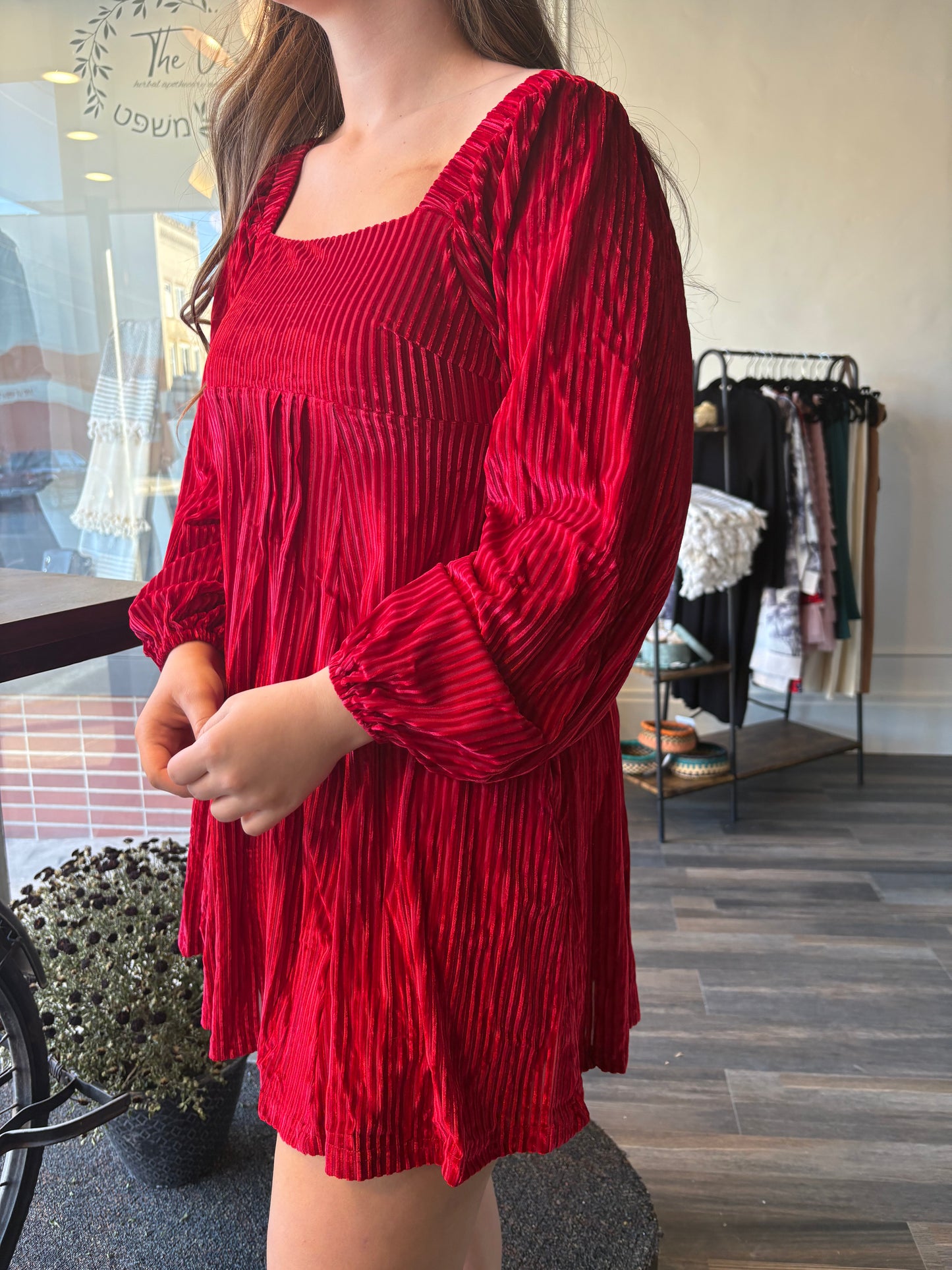 Velvet Square Neck Babydoll Dress with Tie Back Detail