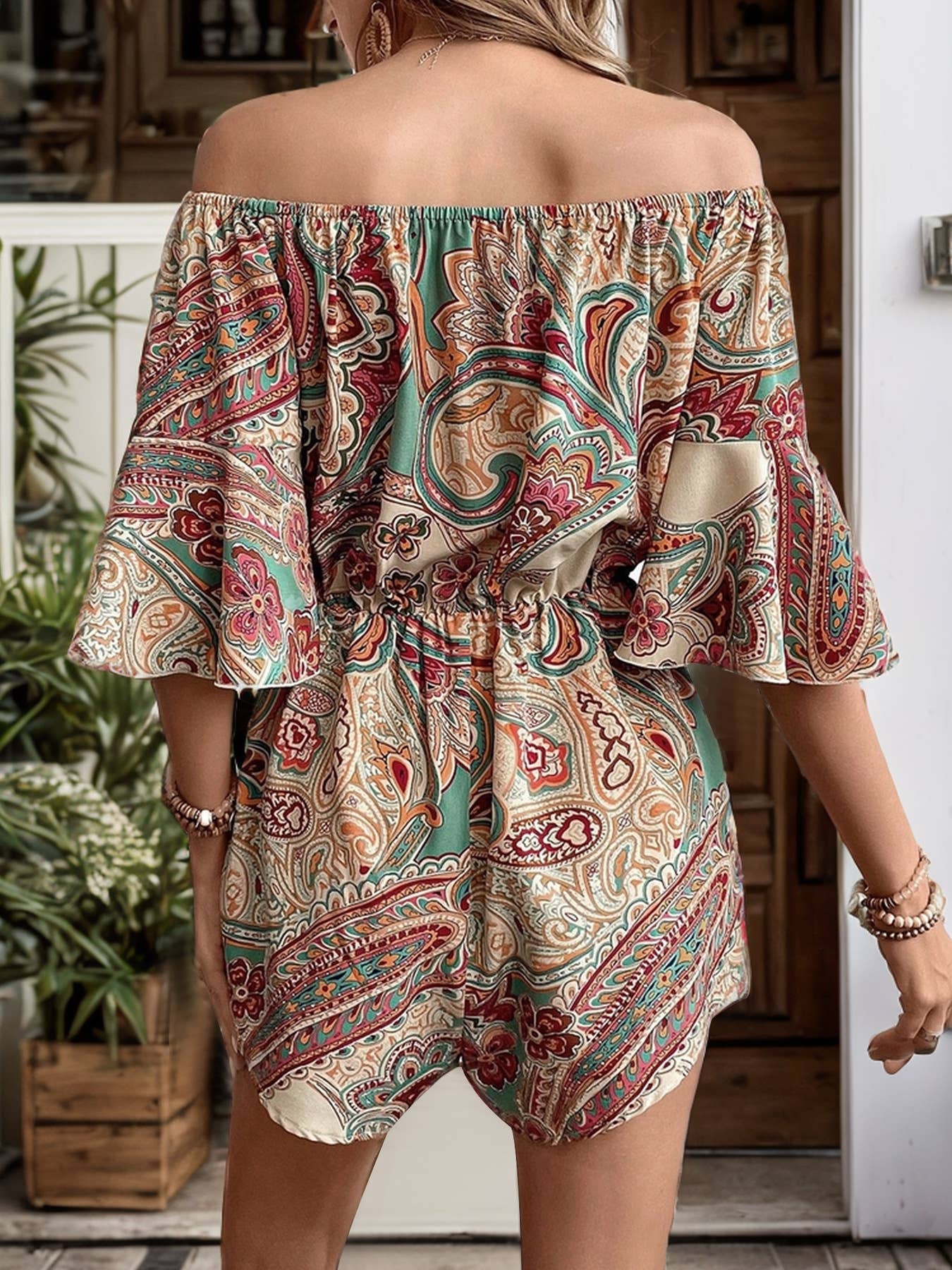 Boho Paisley Off-Shoulder Tie-Waist Romper