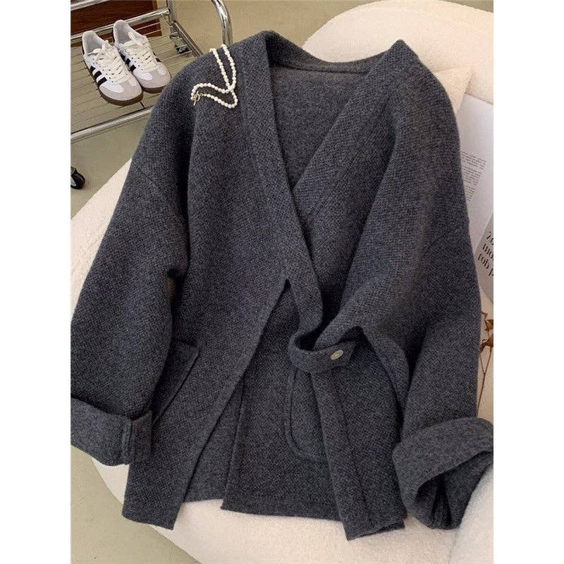 Solid Color Loose Knit Cardigan With Double Zipper