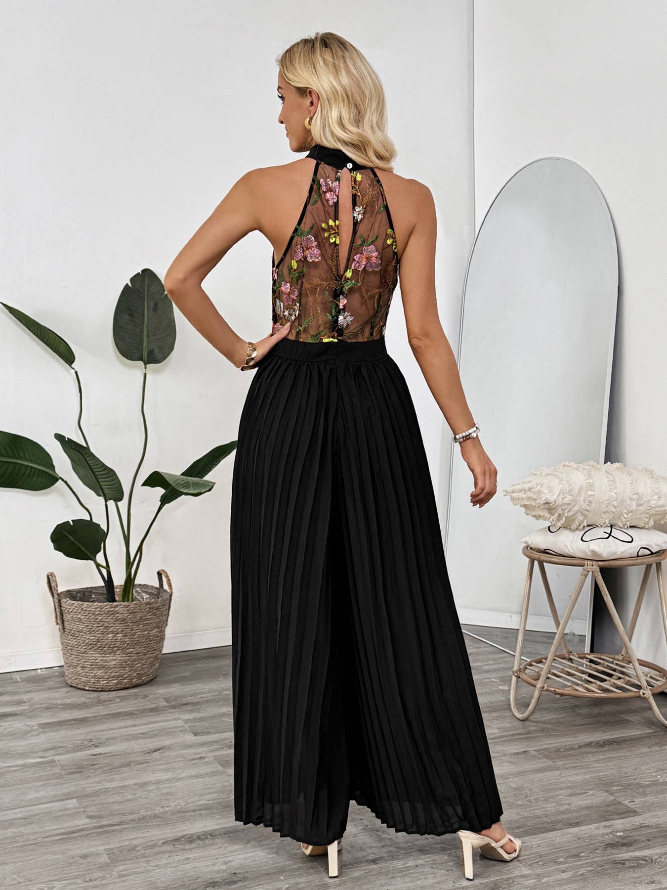 Embroidered Mesh Halter Neck Pleated Jumpsuit