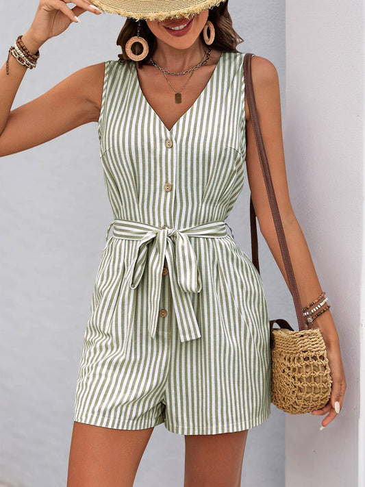 Sleeveless Striped Button Front Romper with Waist Tie