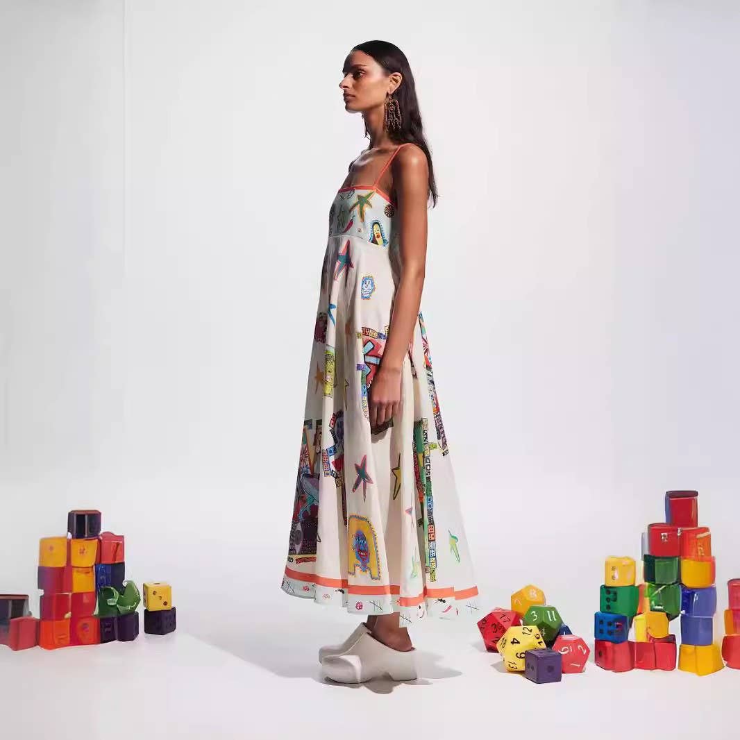 Linen Graffiti Print Swing Dress