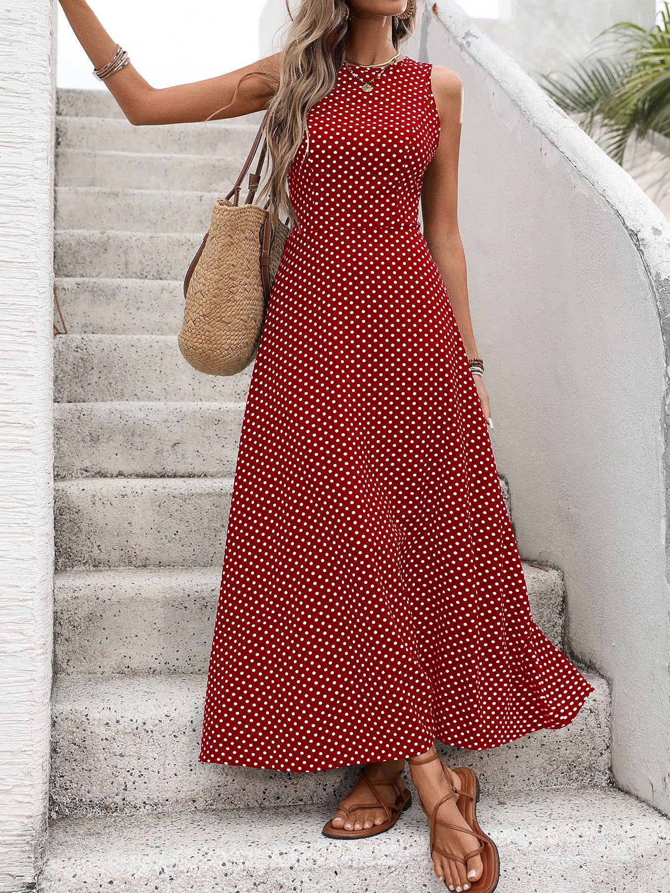 Polka Dot Maxi Dress with Open Back Tie Detail Sleeveless