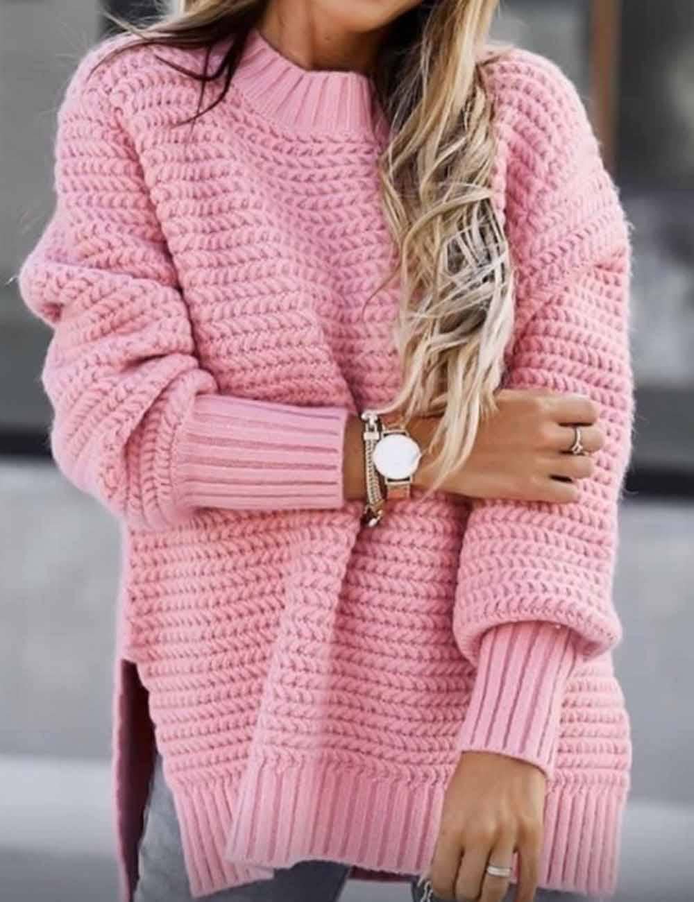 Ladies Solid Color Pullover Side Split Long Sleeves Sweater
