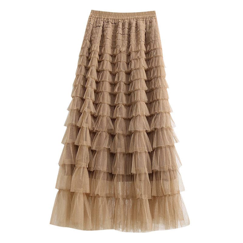 Ladies Solid Color Ruffle Guazy Midi Skirt SKS41176