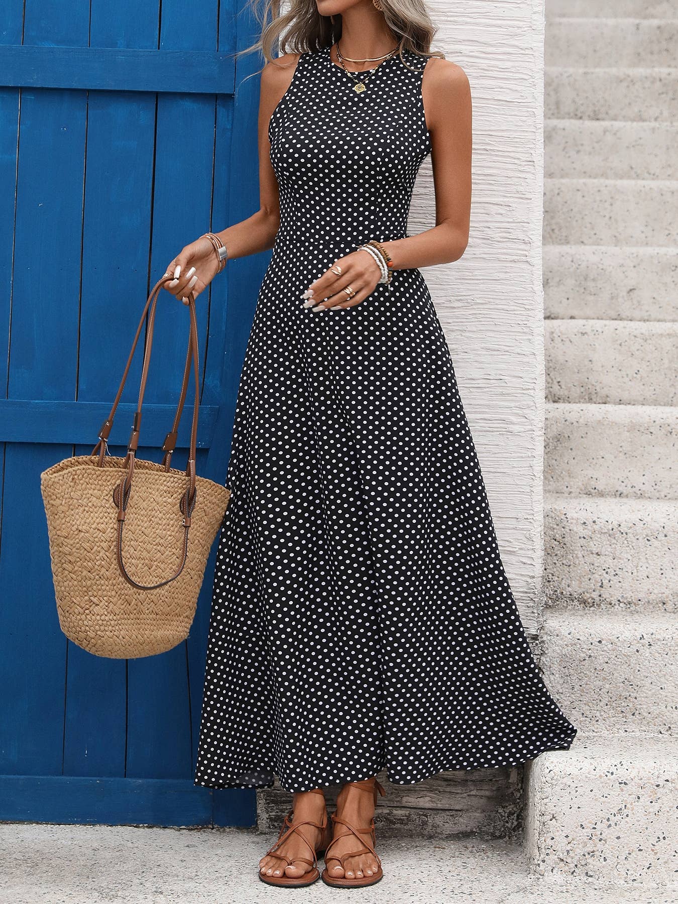 Polka Dot Maxi Dress with Open Back Tie Detail Sleeveless