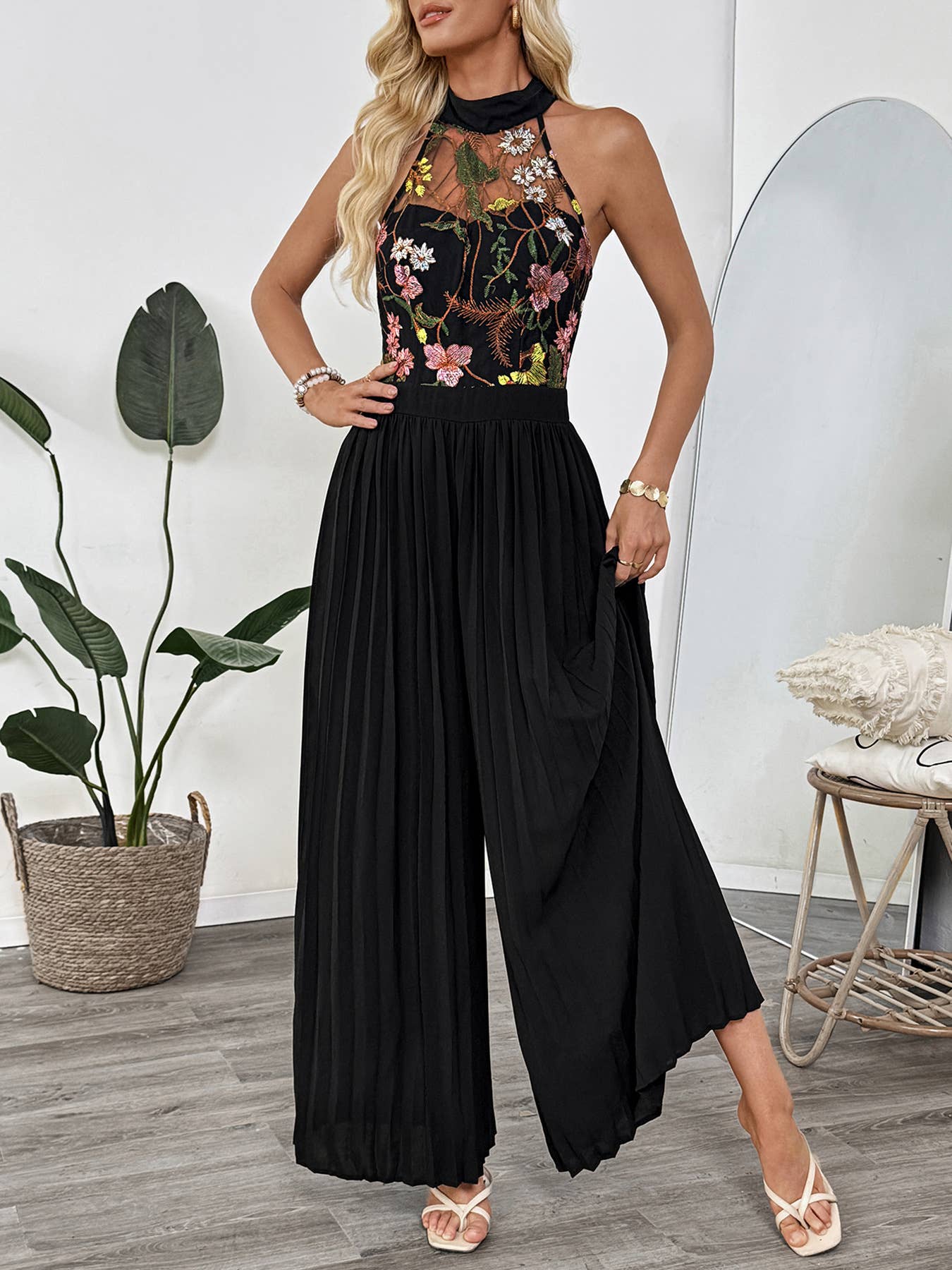 Embroidered Mesh Halter Neck Pleated Jumpsuit