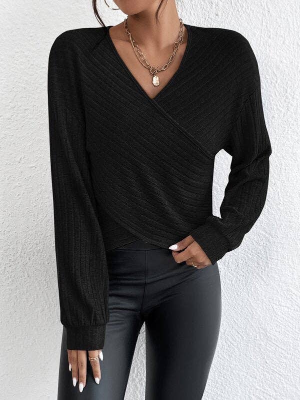 Solid V-Neck Cross Loose Long Sleeves Blouse G1061