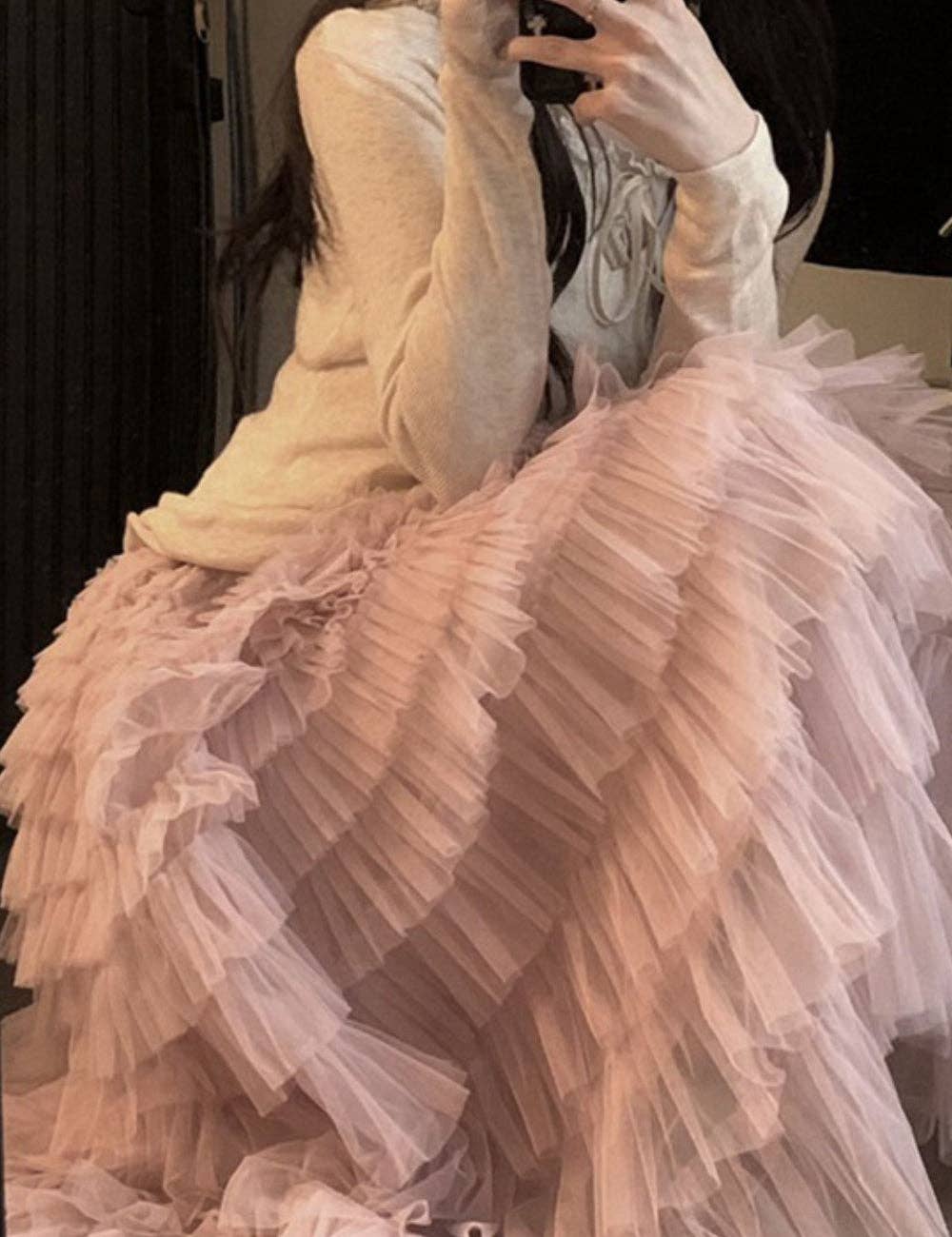 Ladies Solid Color Ruffle Guazy Midi Skirt SKS41176