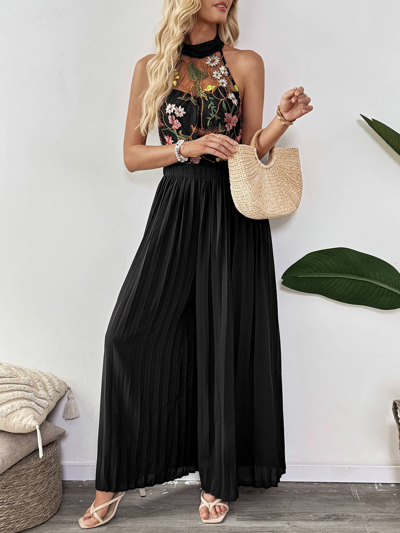 Embroidered Mesh Halter Neck Pleated Jumpsuit
