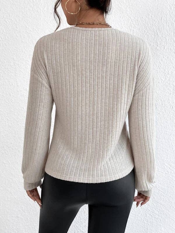 Solid V-Neck Cross Loose Long Sleeves Blouse G1061