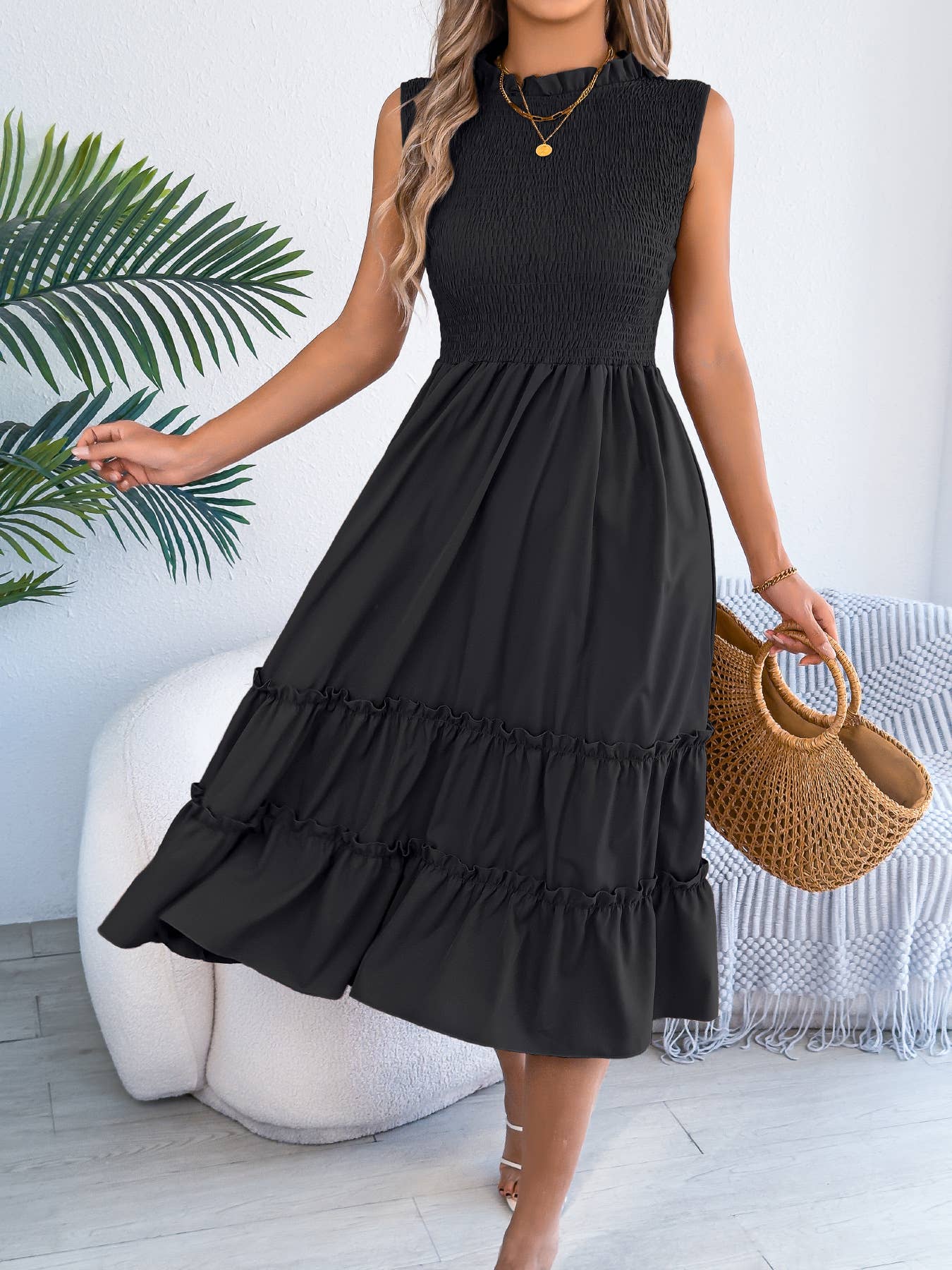 Smocked Bodice Tiered Midi Dress