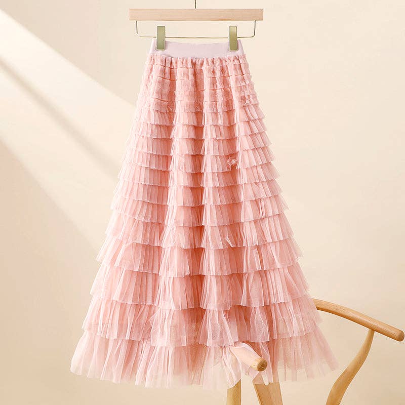 Ladies Solid Color Ruffle Guazy Midi Skirt SKS41176