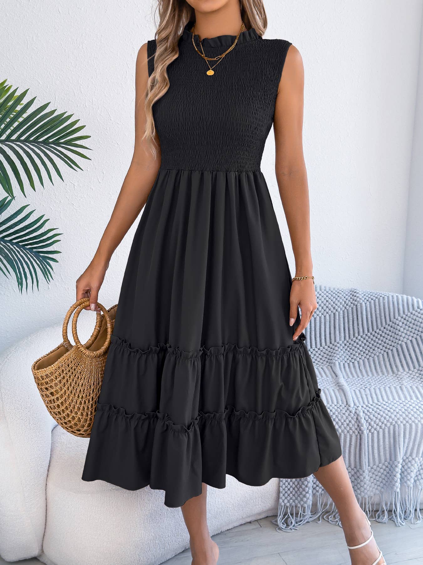 Smocked Bodice Tiered Midi Dress
