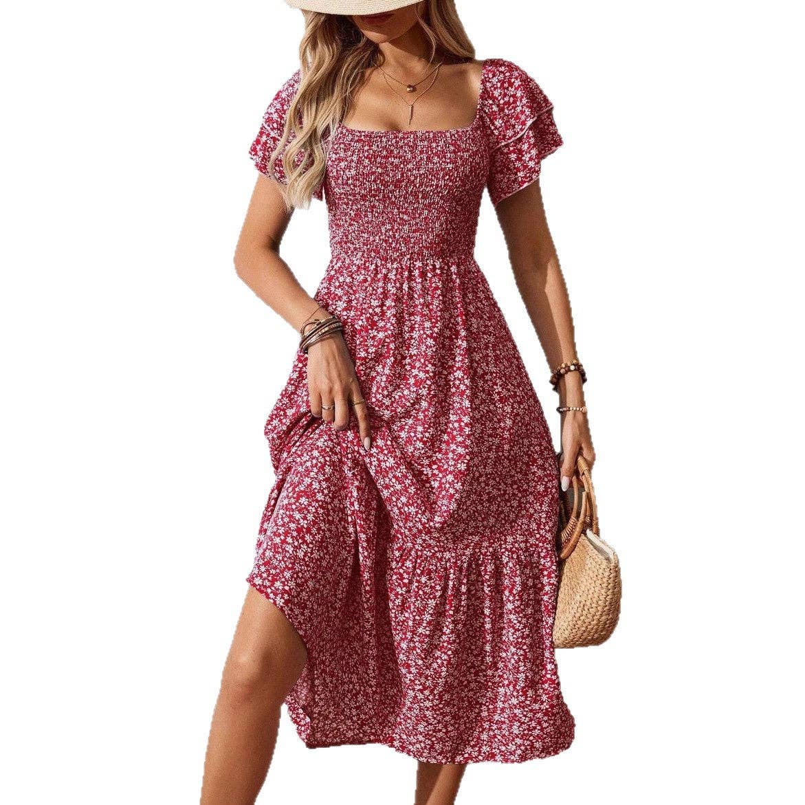 Floral Square Neck Smocked Short Sleeve Maxi Summer Dress