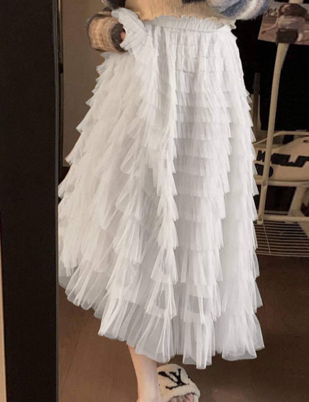 Ladies Solid Color Ruffle Guazy Midi Skirt SKS41176