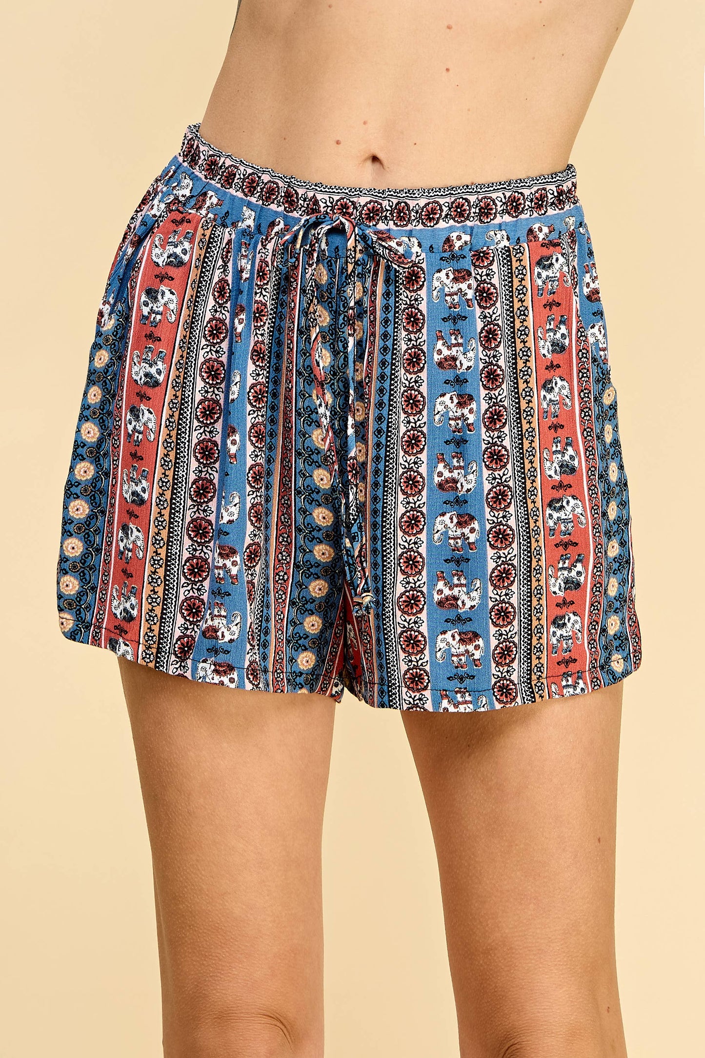 ELASTIC TIE WAIST PRINTED SHORTS