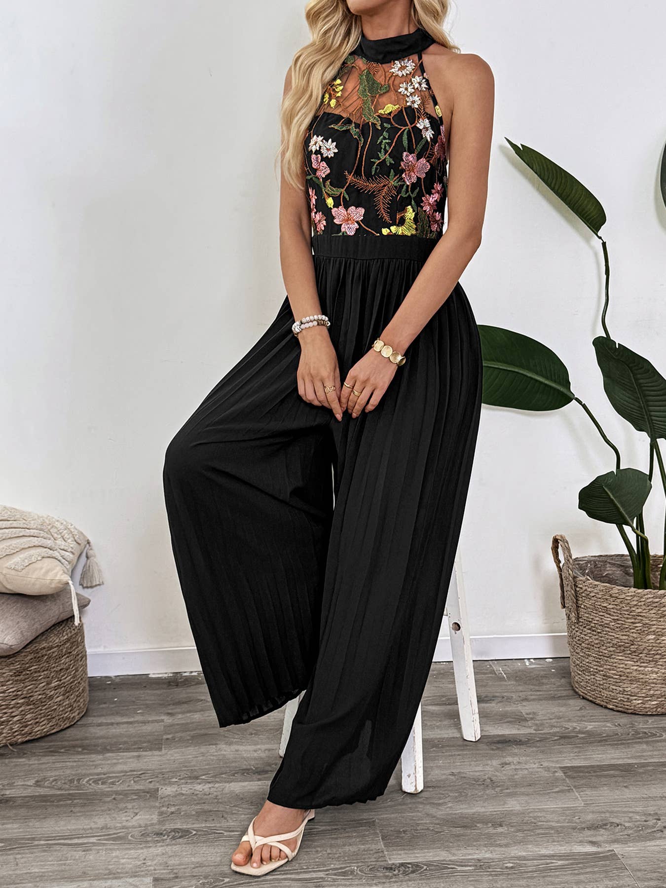 Embroidered Mesh Halter Neck Pleated Jumpsuit