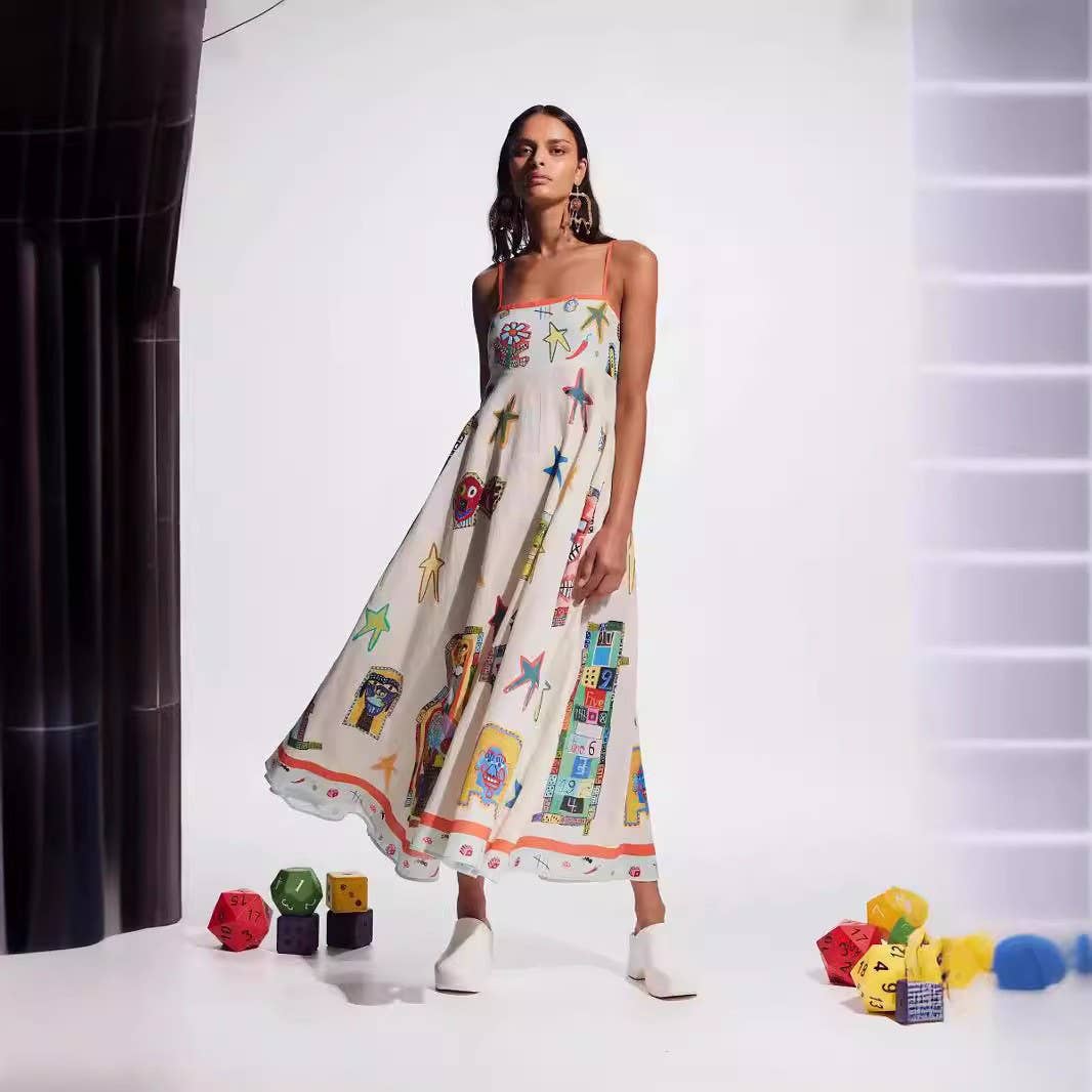 Linen Graffiti Print Swing Dress