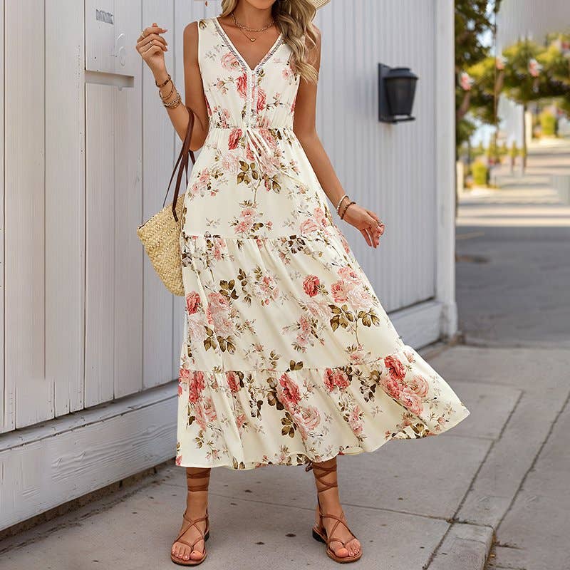 Floral V-Neck Sleeveless Maxi Dress with Drawstring Waist