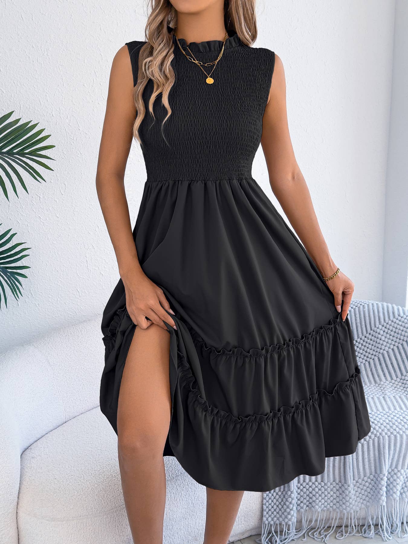 Smocked Bodice Tiered Midi Dress