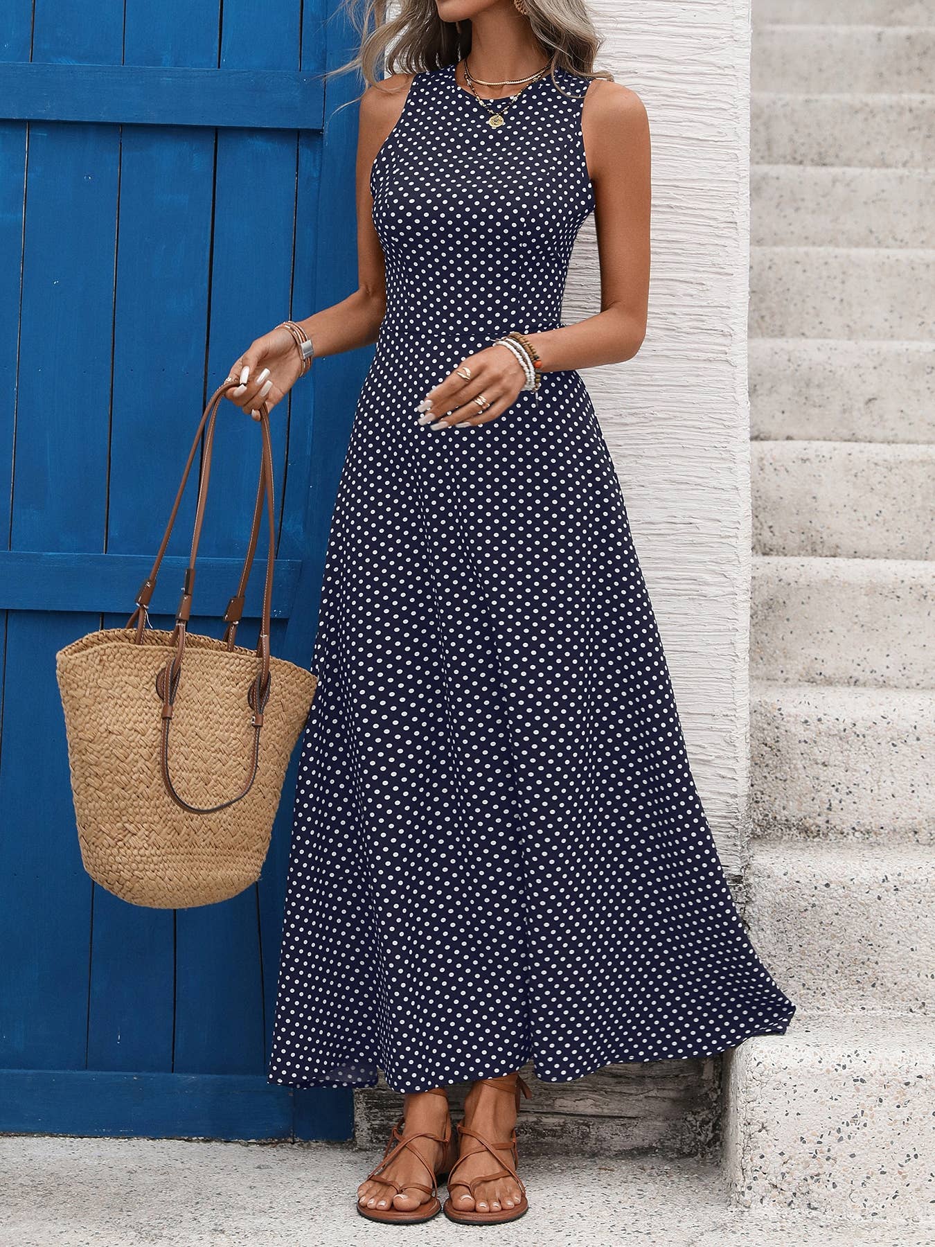 Polka Dot Maxi Dress with Open Back Tie Detail Sleeveless