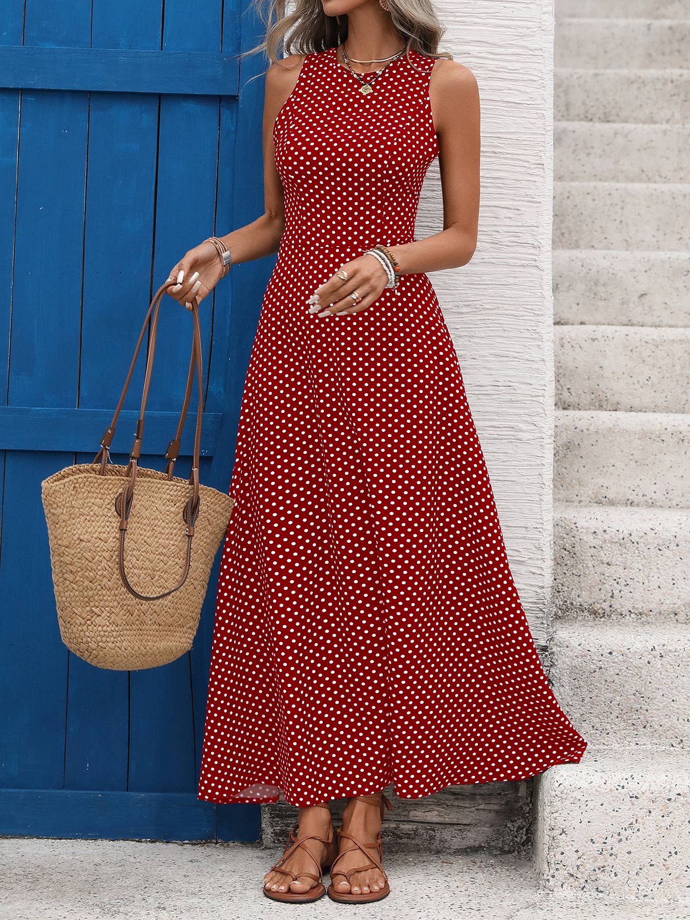 Polka Dot Maxi Dress with Open Back Tie Detail Sleeveless