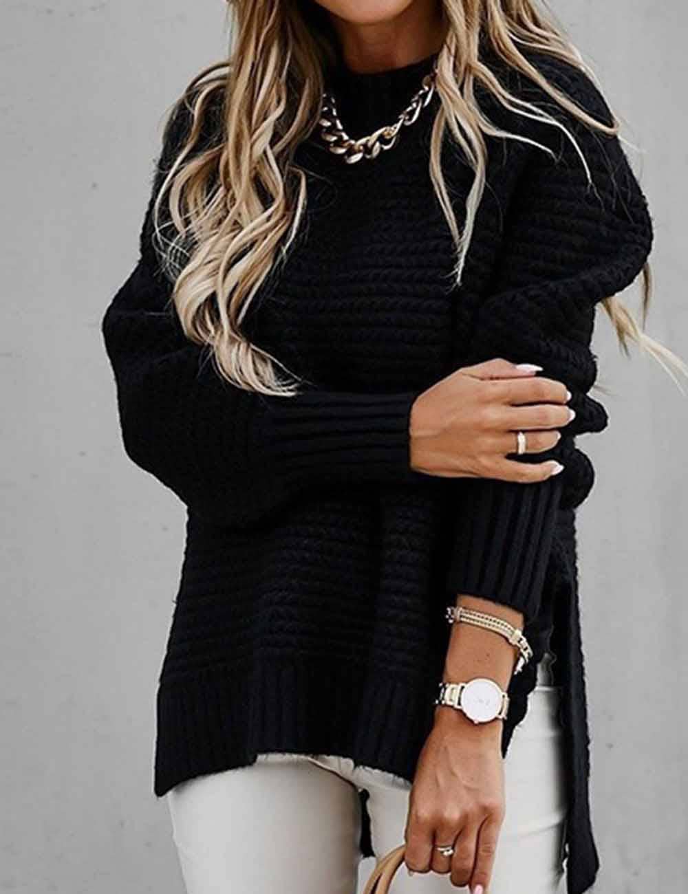 Ladies Solid Color Pullover Side Split Long Sleeves Sweater