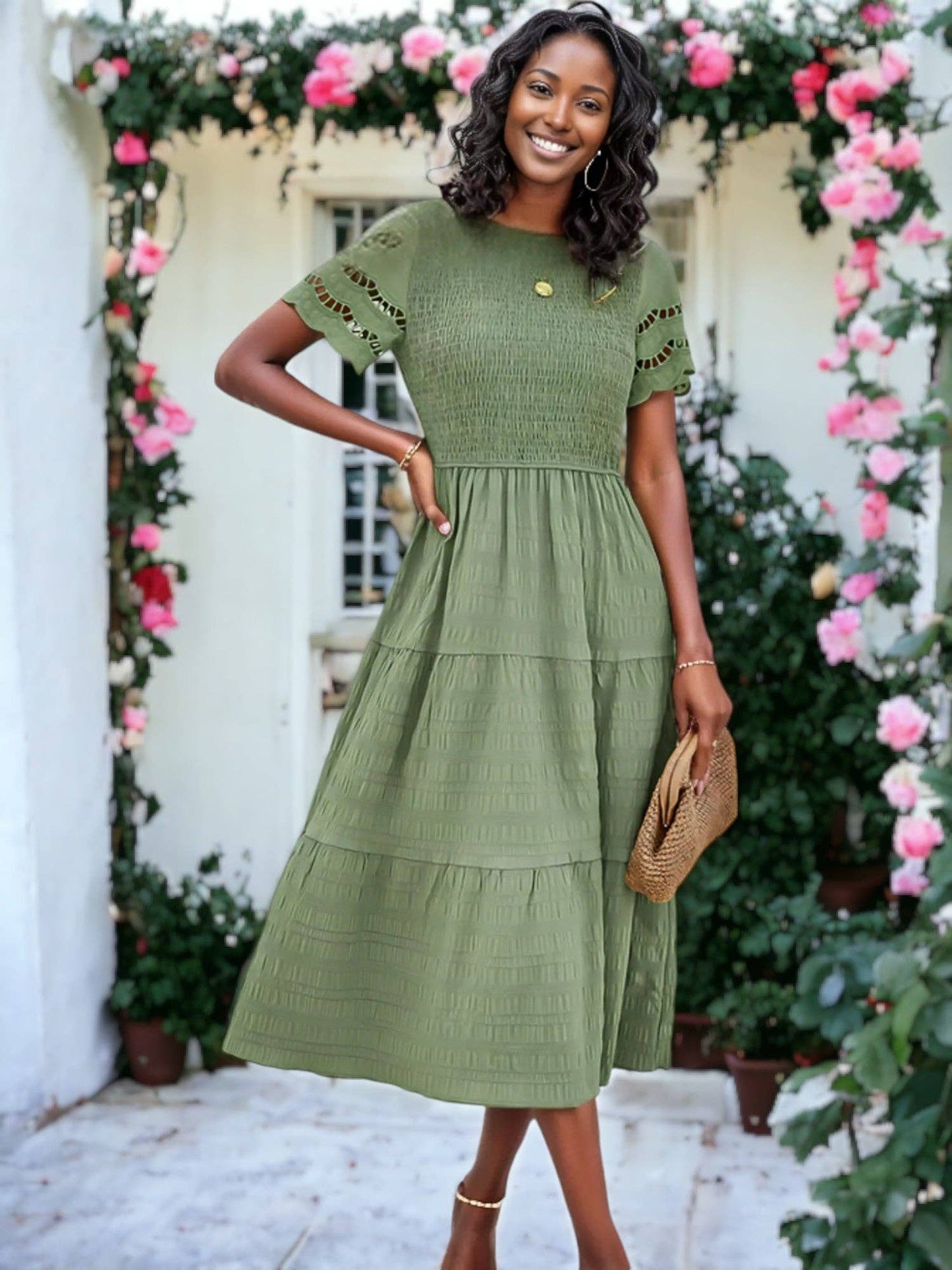 Solid Color Hallow Eyelet Sleeve Tier Midi Dress