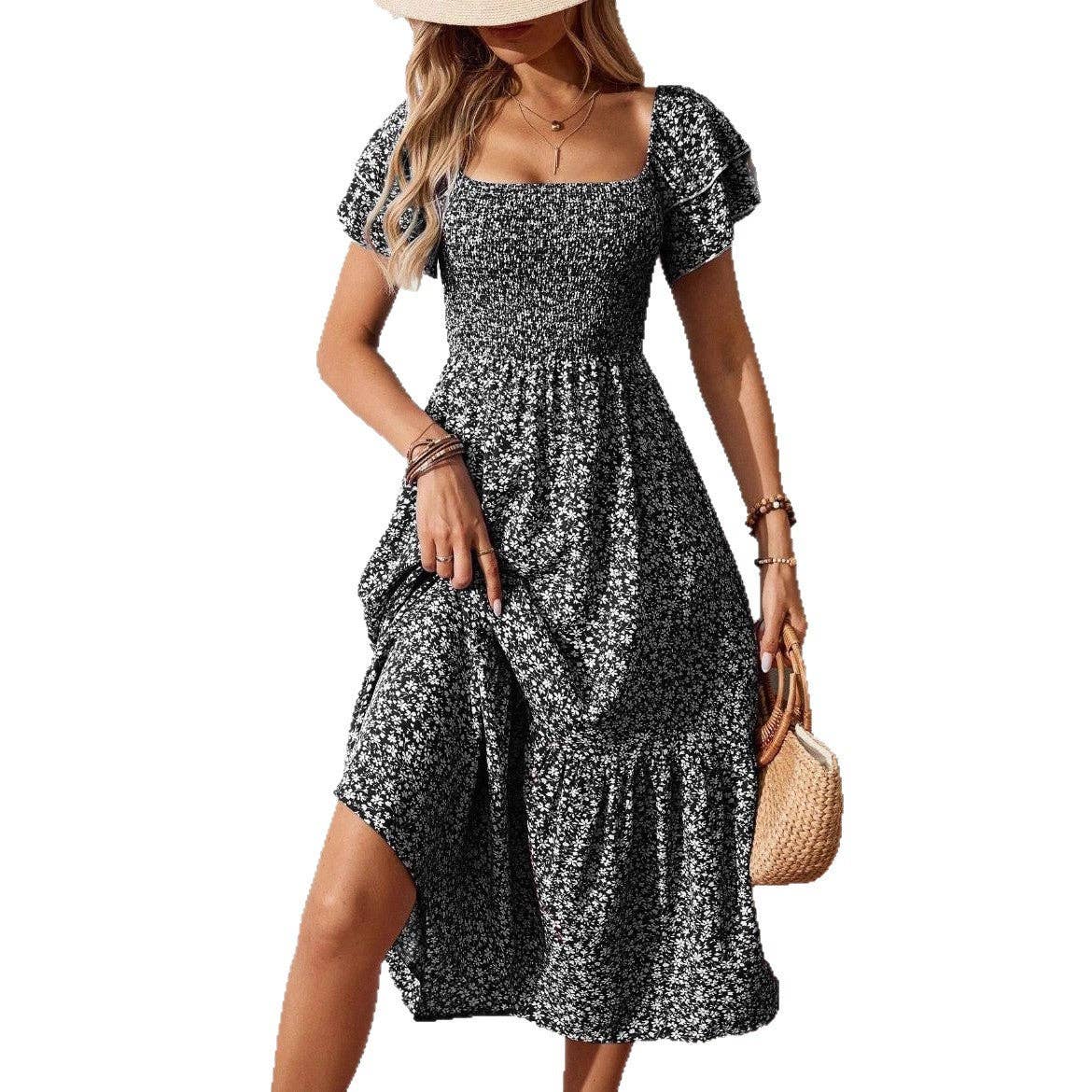 Floral Square Neck Smocked Short Sleeve Maxi Summer Dress