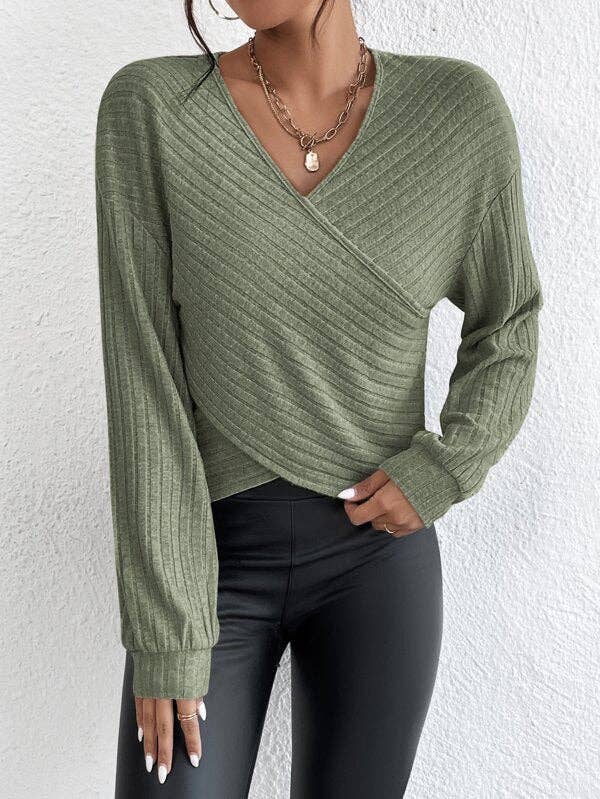 Solid V-Neck Cross Loose Long Sleeves Blouse G1061