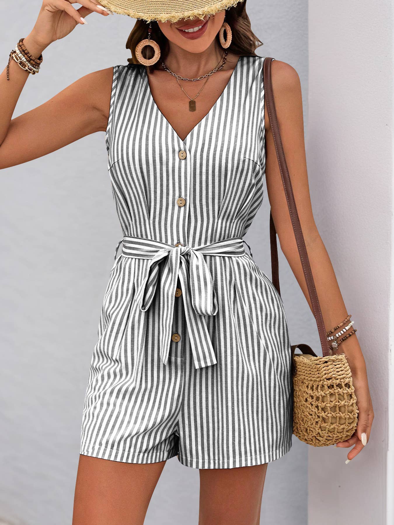 Sleeveless Striped Button Front Romper with Waist Tie