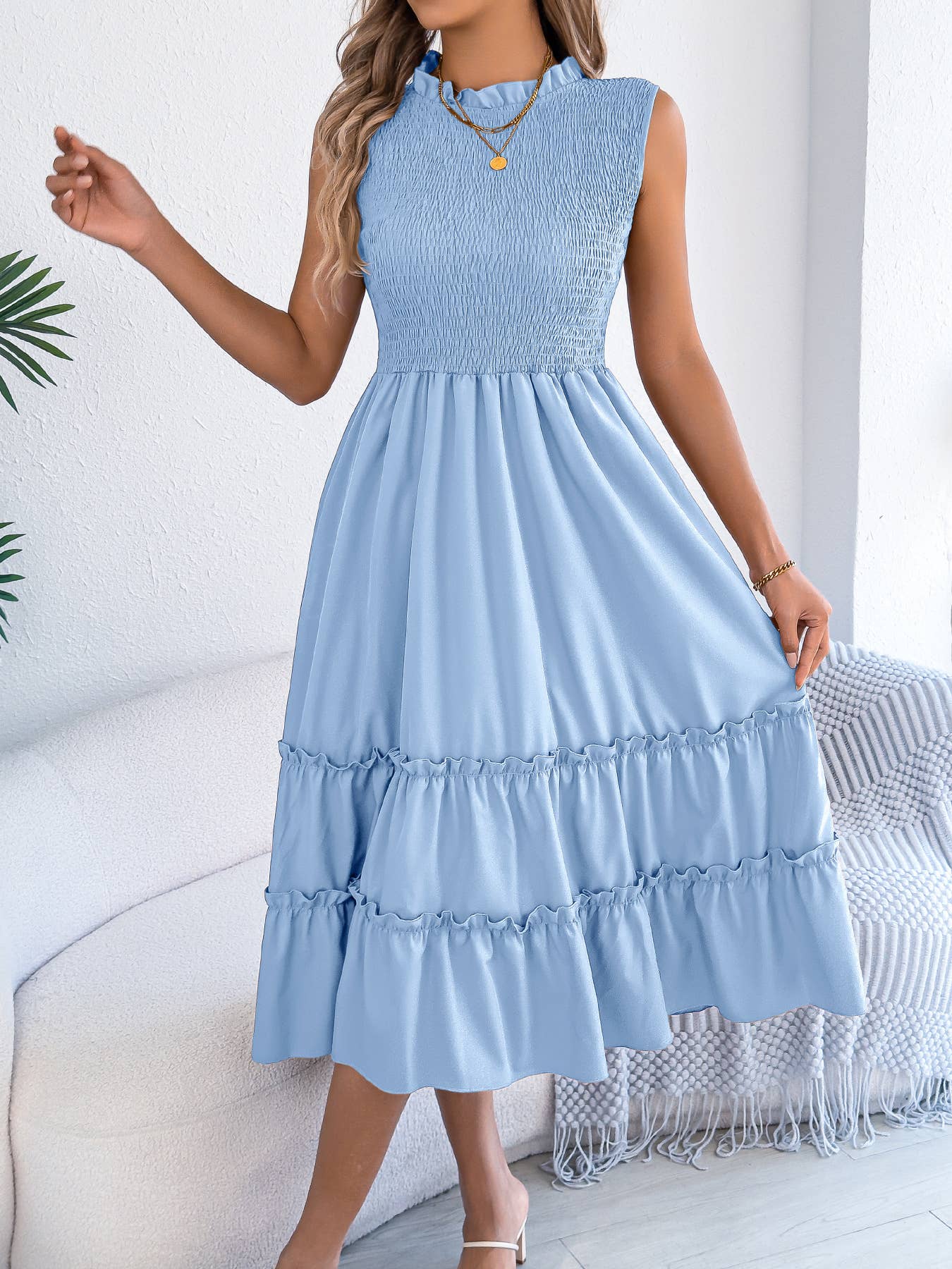 Smocked Bodice Tiered Midi Dress