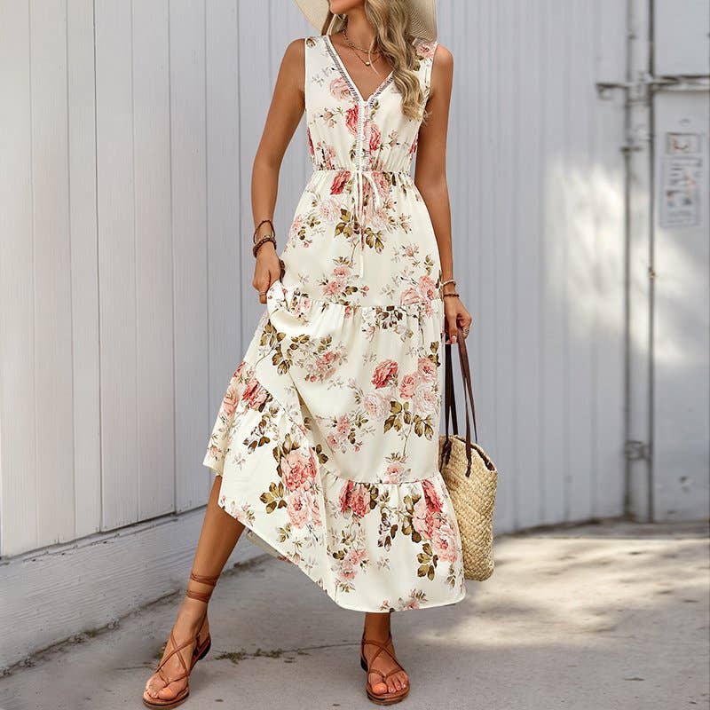 Floral V-Neck Sleeveless Maxi Dress with Drawstring Waist