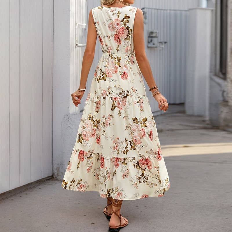 Floral V-Neck Sleeveless Maxi Dress with Drawstring Waist