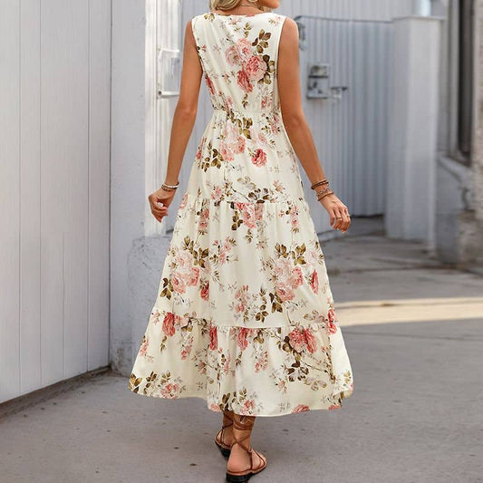 Floral V-Neck Sleeveless Maxi Dress with Drawstring Waist