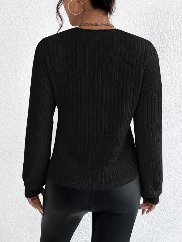 Solid V-Neck Cross Loose Long Sleeves Blouse G1061