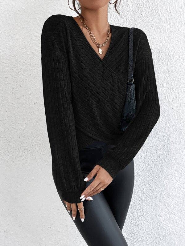 Solid V-Neck Cross Loose Long Sleeves Blouse G1061