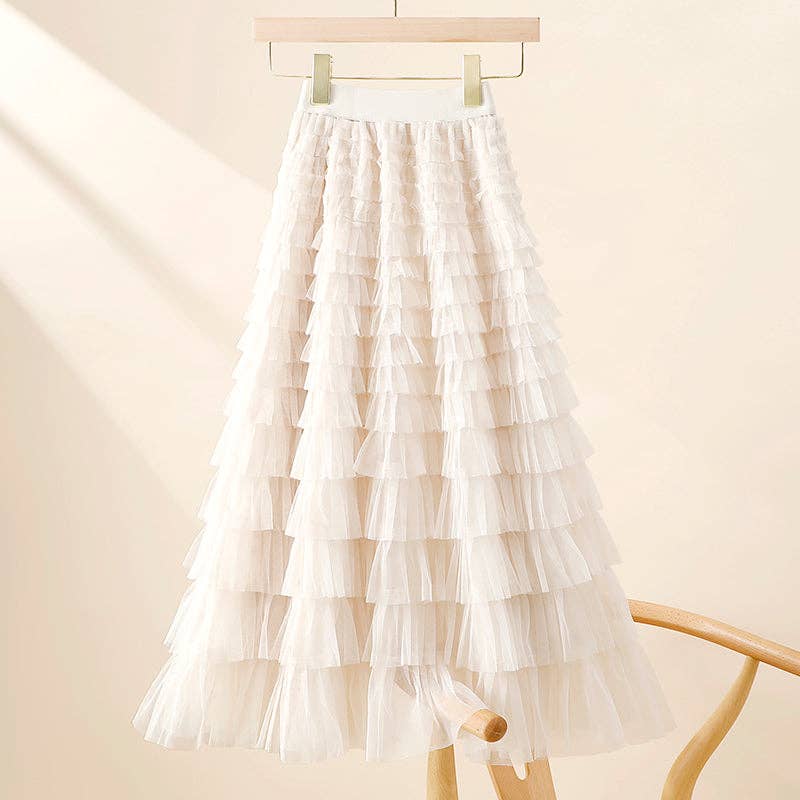Ladies Solid Color Ruffle Guazy Midi Skirt SKS41176