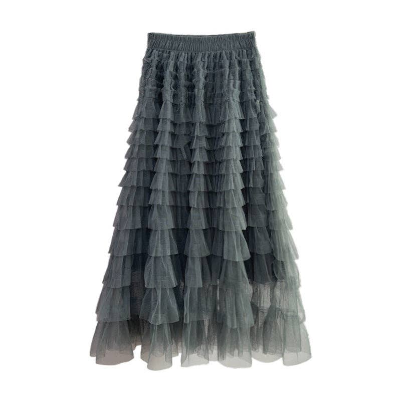 Ladies Solid Color Ruffle Guazy Midi Skirt SKS41176