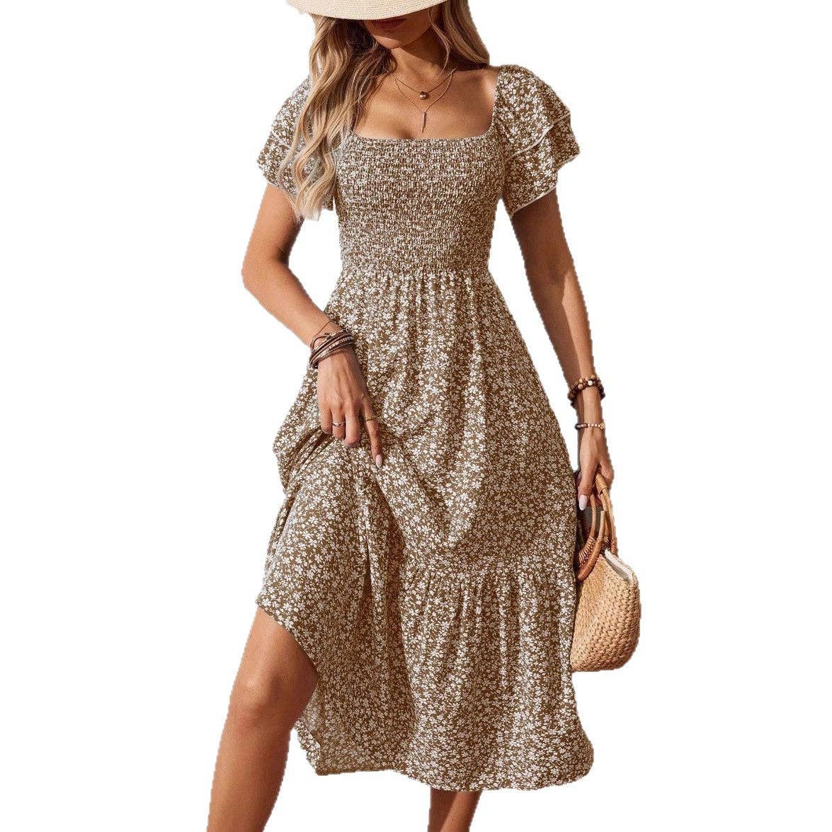 Floral Square Neck Smocked Short Sleeve Maxi Summer Dress