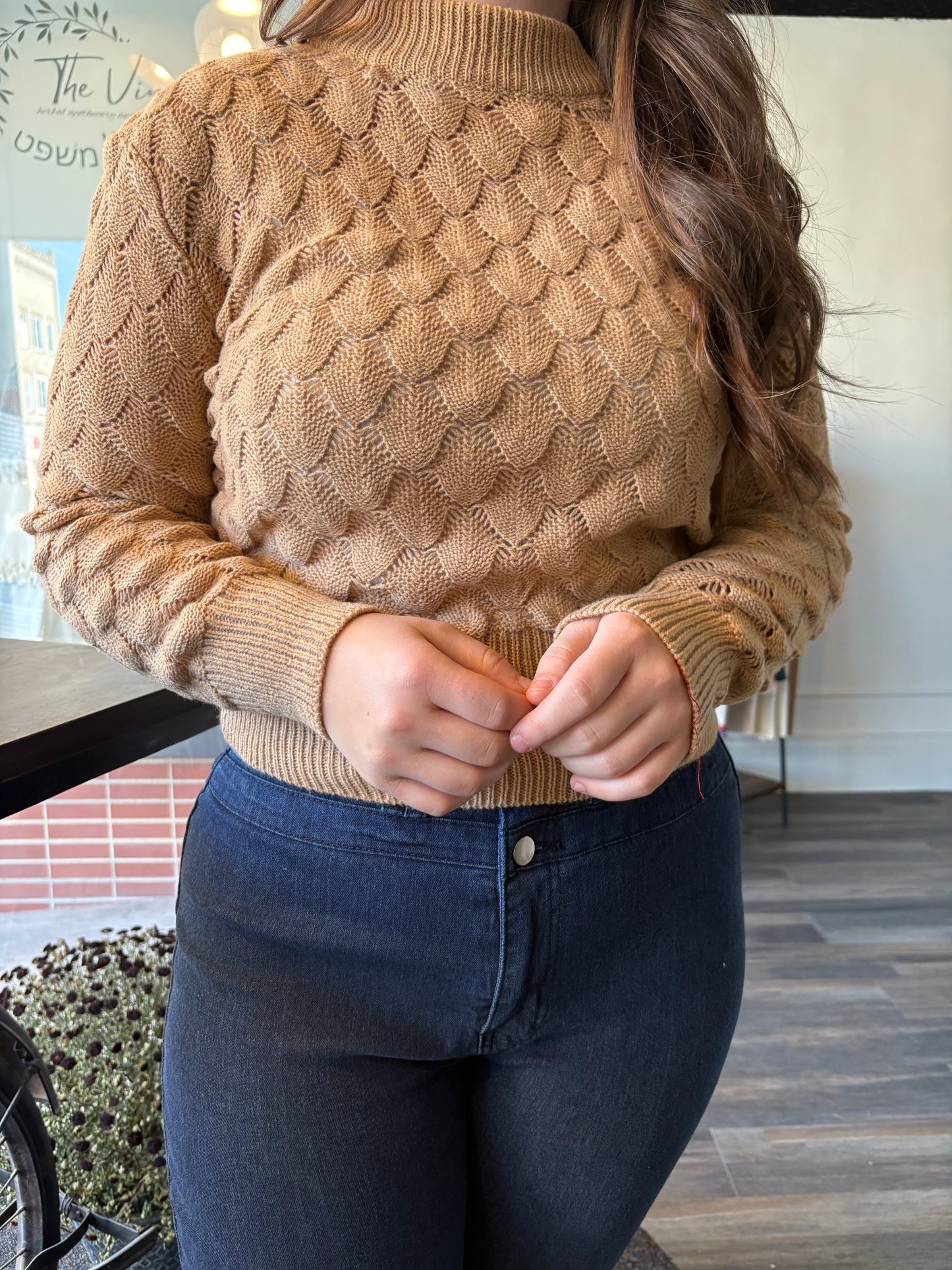 WOMEN SCALES PATTERN KNITTED HIGH NECK SWEATER_CWOSWL0465