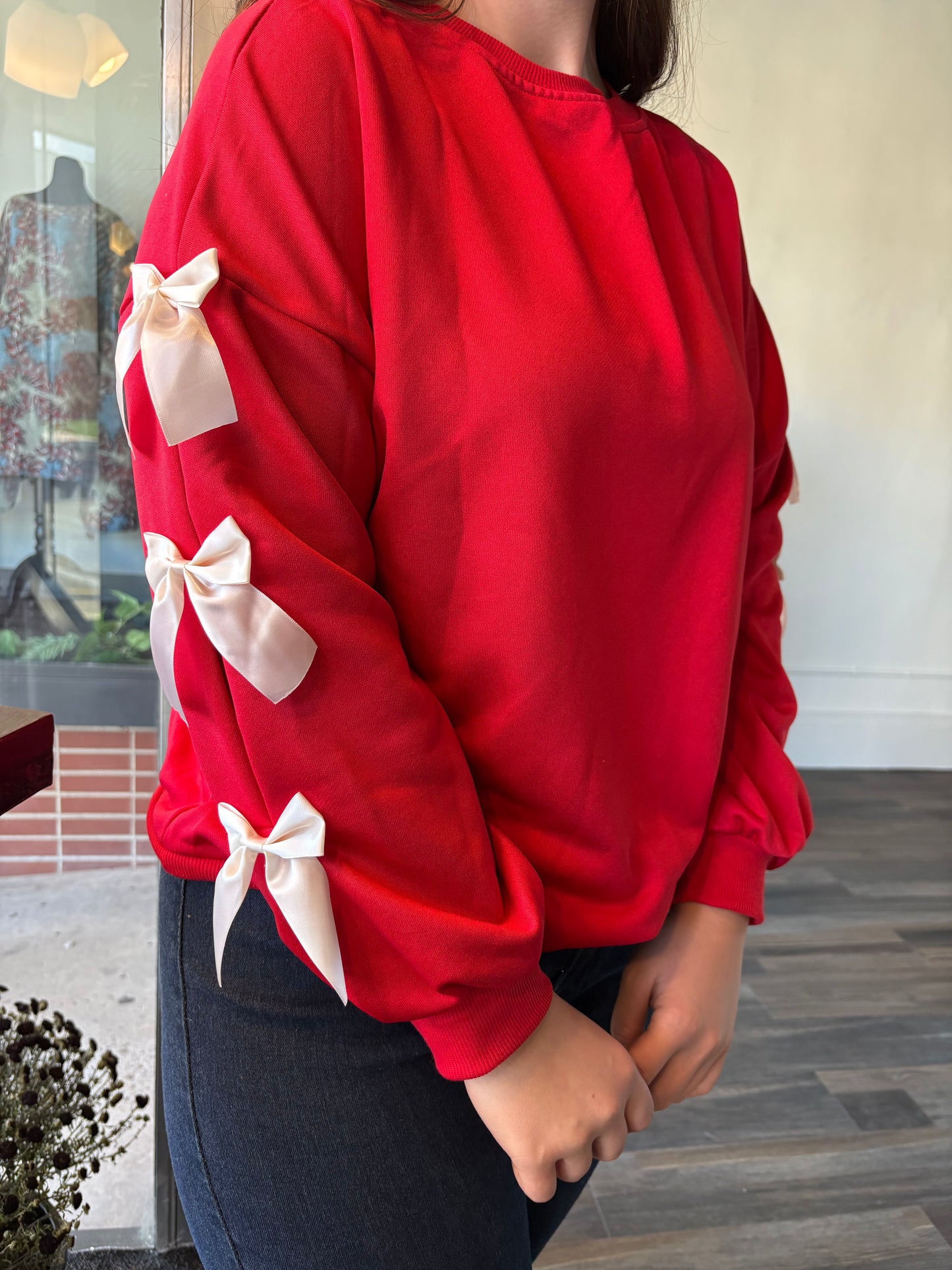 Christmas Bow Sleeve Round Neck Long Sleeve Sweatshirt
