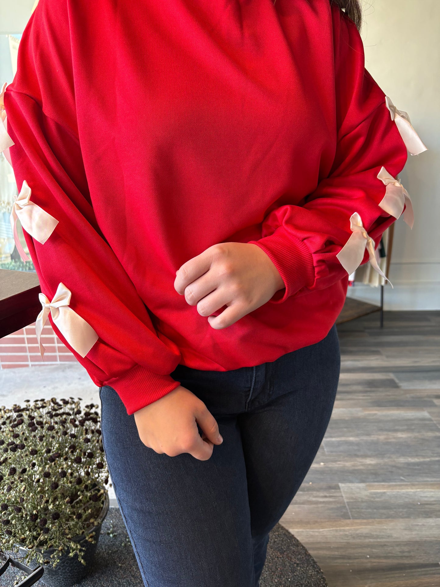 Christmas Bow Sleeve Round Neck Long Sleeve Sweatshirt